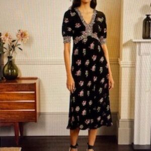 WORN ONCE!  Boden Short Puff Sleeve Black Eva Jersey Midi A-line Floral Trim, 12
